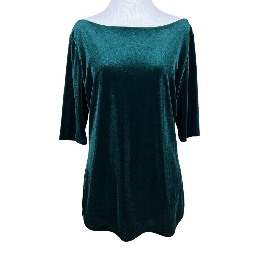 BODEN Top Womens 12 Green Velvet Stretch Scoop Back Midnight Garden Short Sleeve